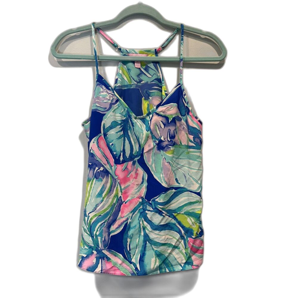 Lilly Pulitzer Tank Top 100% Silk Tropical Floral Racerback Blue Women sz Medium